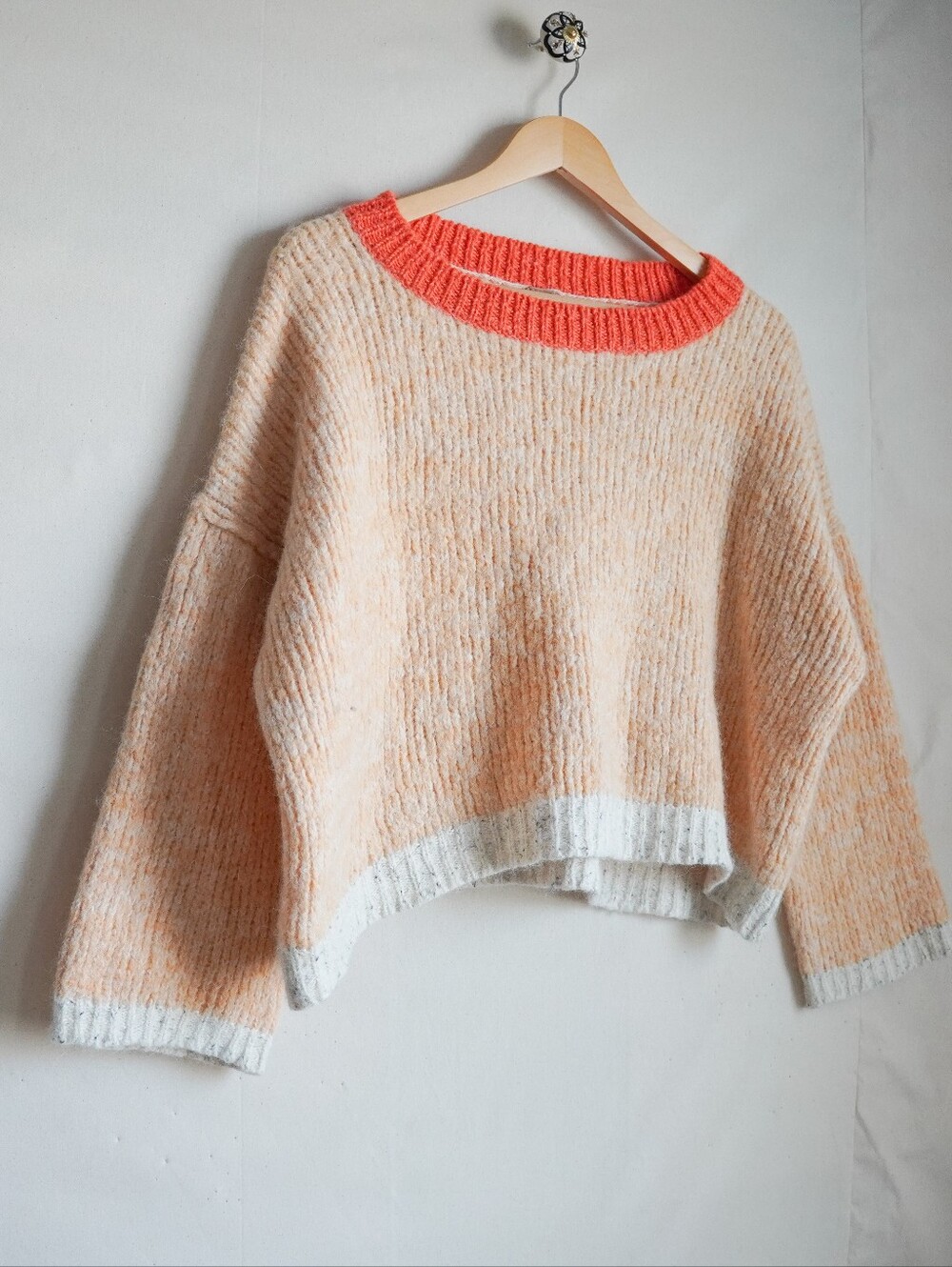 Free People Alpaca Blend Oversized Sweater Small Peach Coral Colorblock